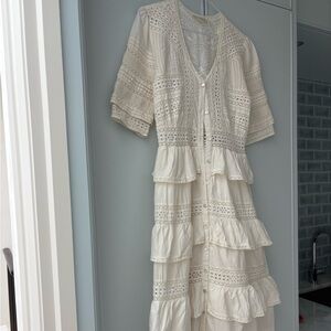 LoveShackFancy Cream Lace Button-Down Midi Dress